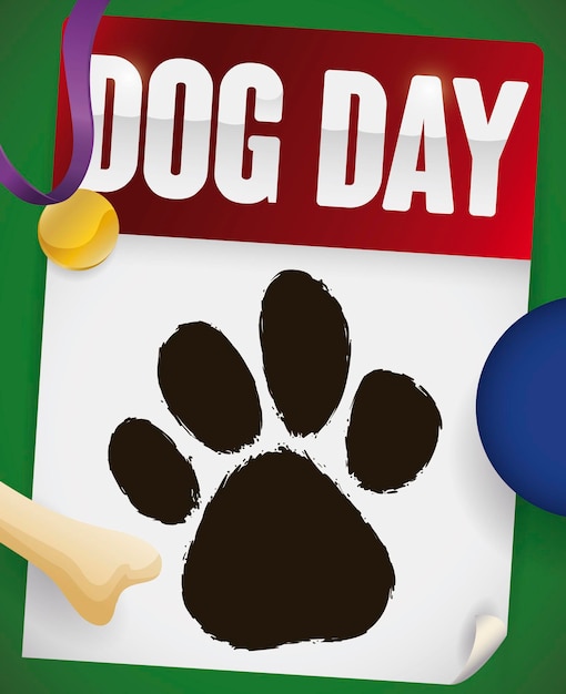 Vettore calendario con sagoma di zampa alcuni giocattoli per animali domestici e collare per dog day
