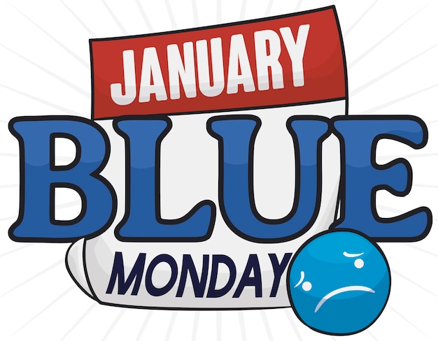 Vector calendar with sad emoticon in blue round button symbolizing the sadness for blue monday in january