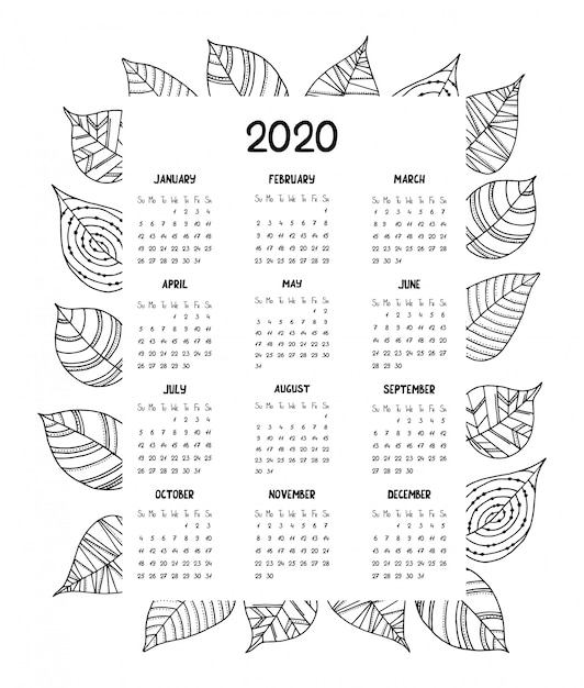 Calendario per l'anno 2020 con foglie decorative disegnate a mano.