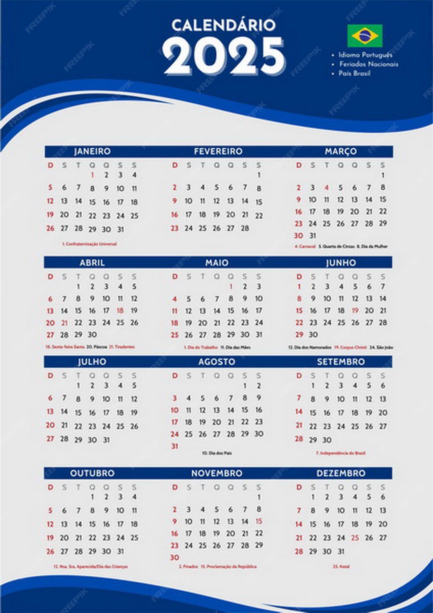 Premium Vector Calendario Brasil Portugues 2025 Feriados Nacionais datas comemorativas todos