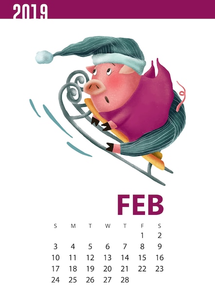 Calendars illustration of funny pig for february 2019