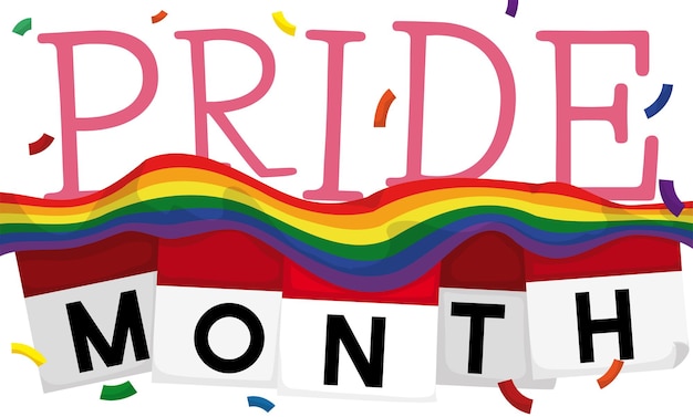 Calendars under rainbow flag and greeting message for Pride Month celebration