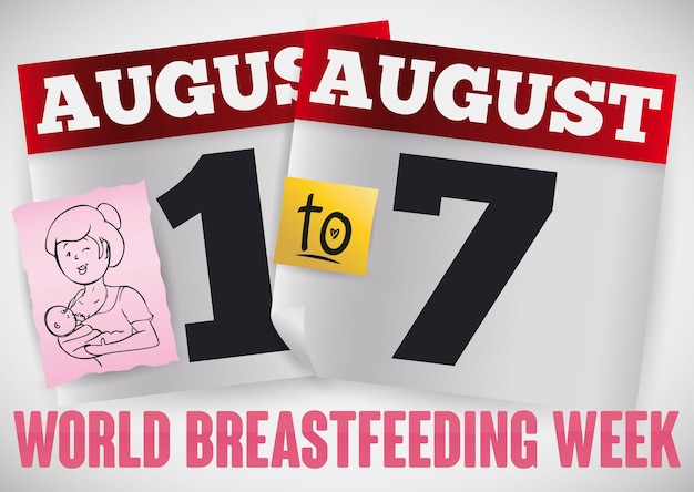 Calendars with reminder date and doodles for World Breastfeeding Week written in Spanish