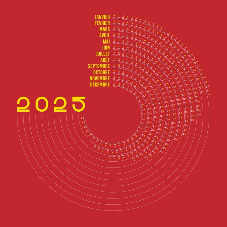 Vector calendrier 2025 en francais design cratif forme ronde modifiable couleur rouge