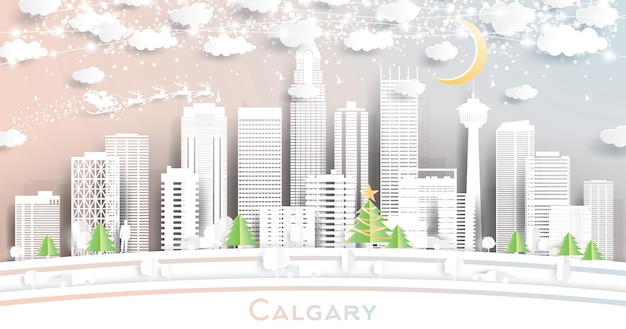 Calgary canada city skyline in paper cut style with snowflakes, moon and neon garland. vector illustration. christmas and new year concept. santa claus on sleigh.