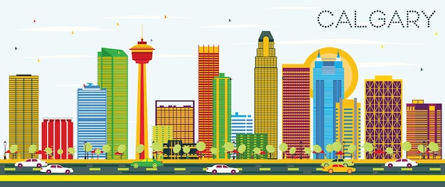 Calgary Skyline with Color Buildings and Blue Sky. Vector Illustration. Business Travel and Tourism Concept with Modern Architecture. Image for Presentation Banner Placard and Web Site
