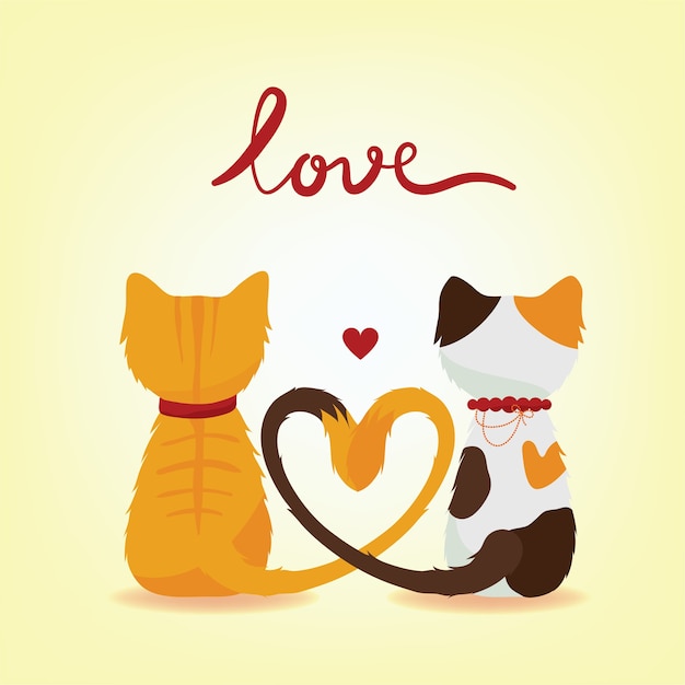 Vector calico and orange tabby cats are in love