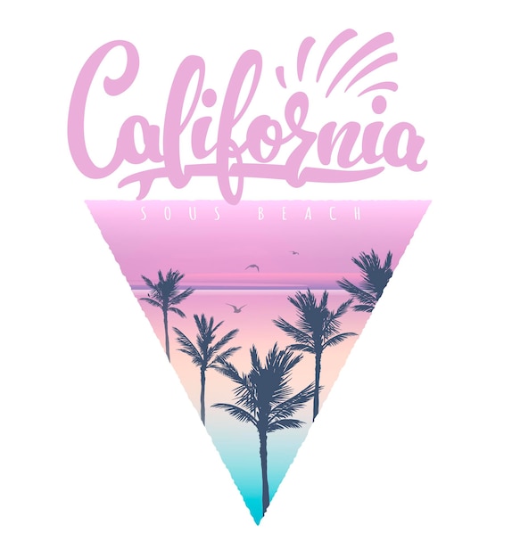 California beach t-shirt print with palms,  illustration.