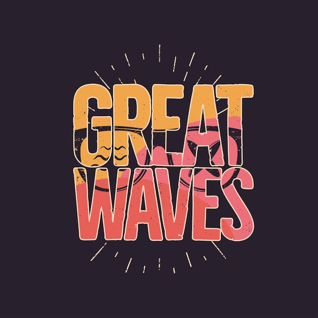 Графика для футболки california great waves, принты. эмблема стиля 90-х годов винтаж рисованной. ретро летние путешествия сцена, необычный значок. этикетка surfing adventure. фондовый вектор фон.