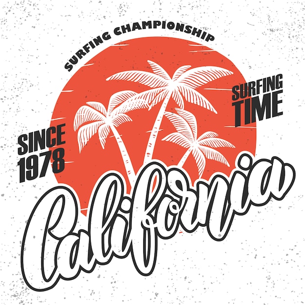 Surfista della california. modello di poster con scritte e palme. immagine