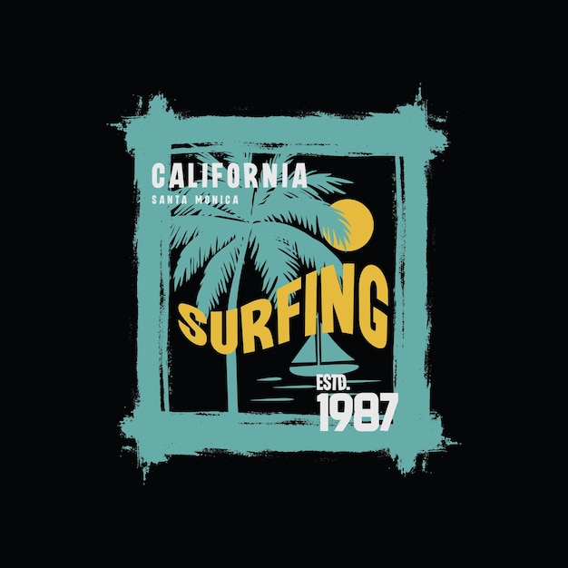 Disegno della maglietta di vettore di tipografia dell'illustrazione del surf della california