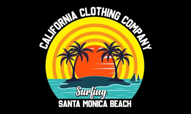 California Surfing Santa Monica Beach Vector and Illustration Design.