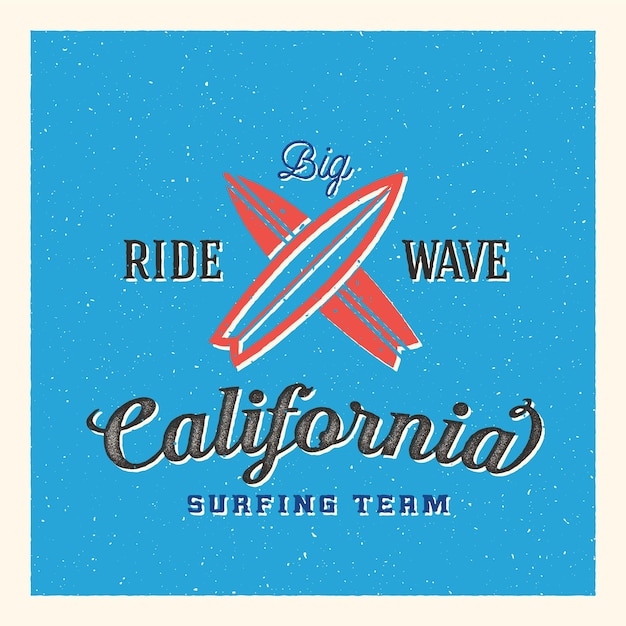 Vector california surfing team abstract vector label of logo template met retro texturen goed voor posters tshirt prints enz