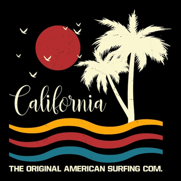 Californië The Original American Surfing Com. T-shirtontwerp met vectorillustratie