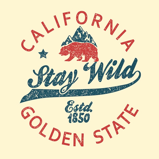 Vector californië vintage typografie, grizzly bear grunge print, ontwerp voor een t-shirt. golden state clothing embleem.