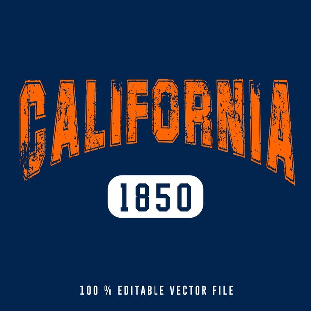 Californische bewerkbare tekst college t-shirt ontwerp drukbare tekst effect vector