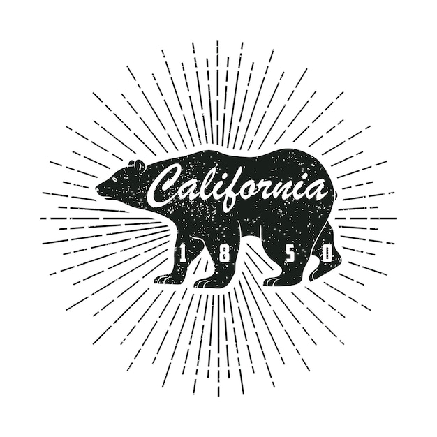 Californische grungeprint met beer en zonnestraallabel in vintage hipsterstijl