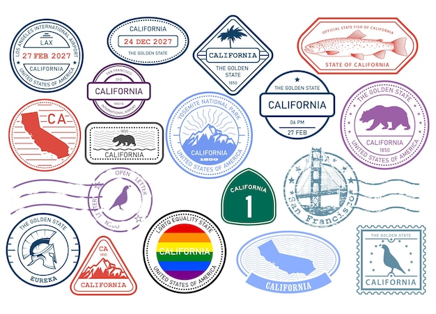 Vector californische postzegels set postzegel met symbolen van de staat en kaart omtrek vector