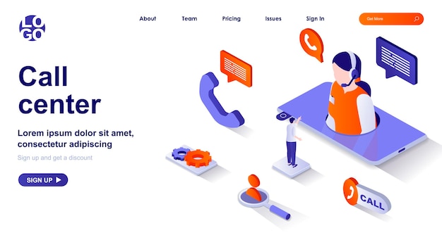 Vector call center 3d isometric landing page with people characters