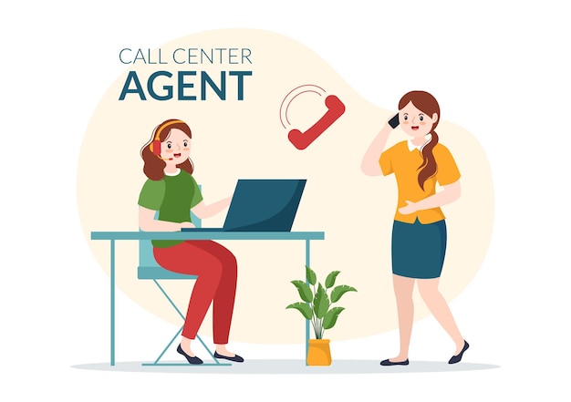 Call center agent of customer service or hotline operator with headsets and computers illustration