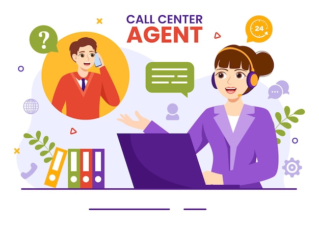 Illustrazione dell'agente del call center del servizio clienti o dell'operatore della hotline con cuffie e computer