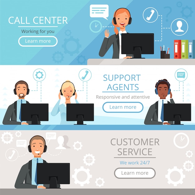 Call center banners. support agents characters customer service phone helping operators vector cartoon illustrations