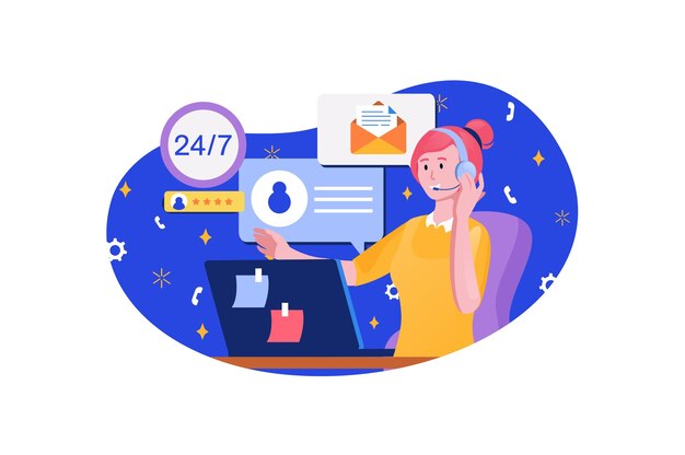 Call center blauw concept met mensenscène in de platte cartoon design call center medewerker antwoorden