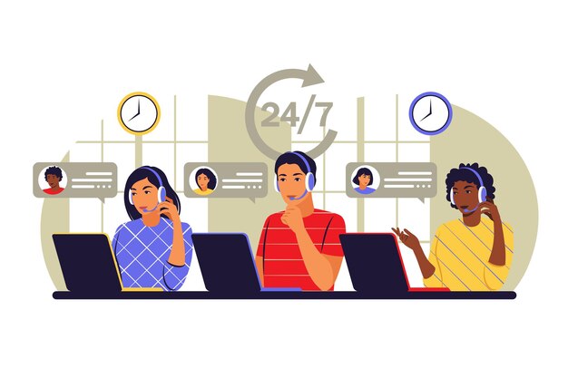 Call center concept. Operators of call center office working in headphones. Vector illustration. Flat