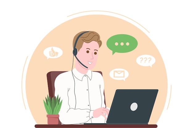 Call center, customer service, support and assistance landing page. hotline man operator with headsets and laptop. concept of telemarketing and consultation. cartoon vector illustration.