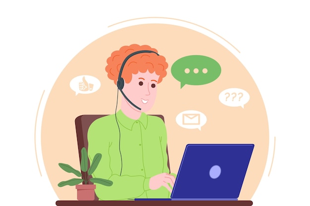 Vector call center, customer service, support and assistance landing page. hotline man operator with headsets and laptop. concept of telemarketing and consultation. cartoon vector illustration.