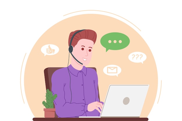 Call center, customer service, support and assistance landing page. Hotline man operator with headsets and laptop. Concept of telemarketing and consultation. Cartoon vector illustration.