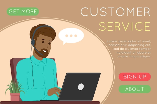 Call center, customer service, support and assistance landing page. Hotline man and woman operator with headsets and laptop. Concept of telemarketing and consultation. Cartoon vector illustration.