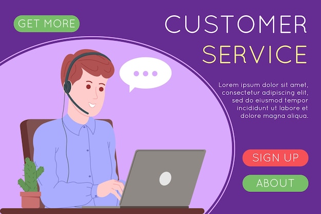 Vector call center, customer service, support and assistance landing page. hotline man and woman operator with headsets and laptop. concept of telemarketing and consultation. cartoon vector illustration.