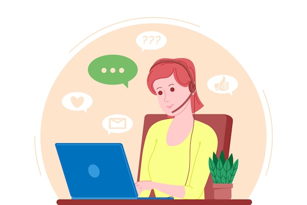 Call center, servizio clienti, landing page di supporto e assistenza. operatore donna hotline con cuffie e laptop. concetto di telemarketing e consulenza. fumetto illustrazione vettoriale.