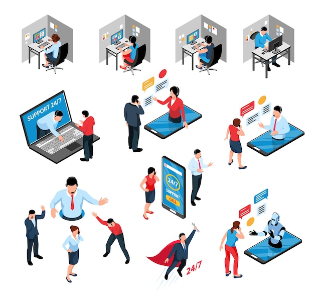Vector call center customer support service isometric set with operator robot chatting with clients from smartphone screen vector illustration
