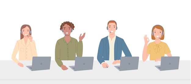 Call center hotline customer support Office employees at the table with headphones