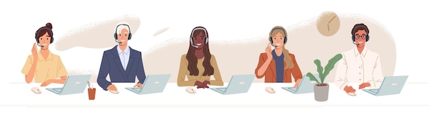 Vector call center, hotline flat vector illustrations. smiling office workers with headsets cartoon characters. customer support department staff, telemarketing agents. multiethnic, diverse team.