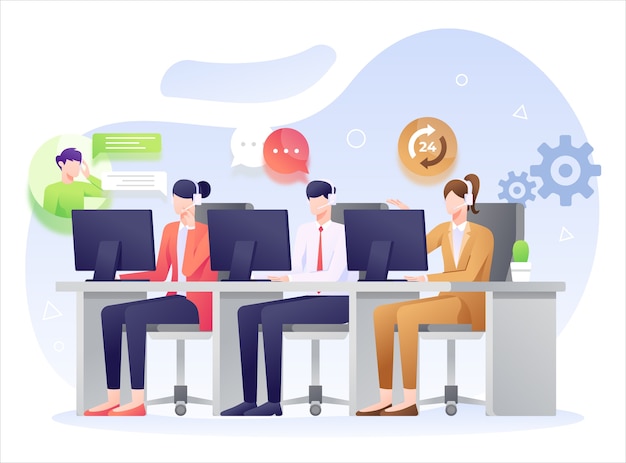 Vector call center  illustration, answering question from customer.