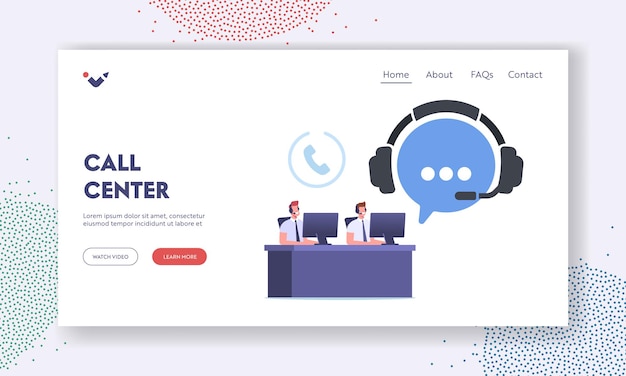 Vector call center landing page template. telemarketing hotline operator characters, consultation. technical support specialist sit at computer answering questions online. cartoon people vector illustration