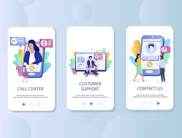 Modello vettoriale delle schermate di onboarding dell'app mobile del call center