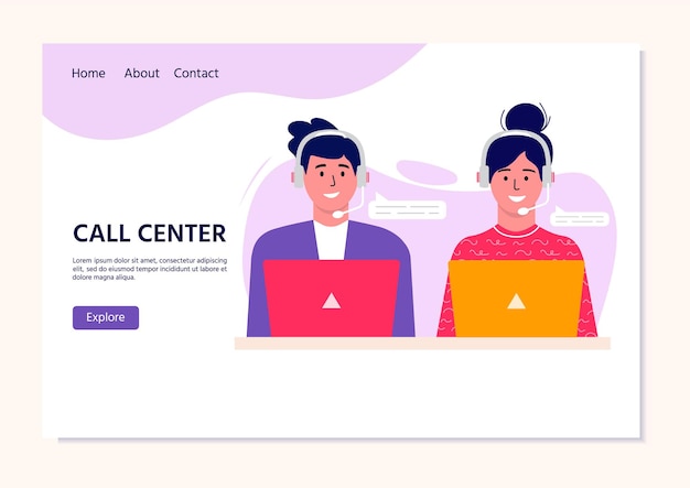 Call center operator bestemmingspagina voor web. glimlachend kantoorpersoneel met headsets stripfiguren. klantenondersteuning, hotline-operator, consultantmanager, klantenondersteuning, telefonische assistentie.