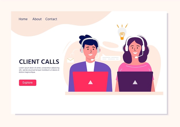 Call center operator landing pag for web. smiling office workers with headsets cartoon characters. clients assistance, hotline operator, consultant manager, customer support, client calls