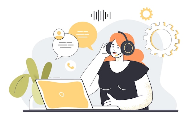Vector call center operator sitting at desk with laptop and headphones and communicating with clients. woman administrator answering customers questions flat vector illustration. customer support concept