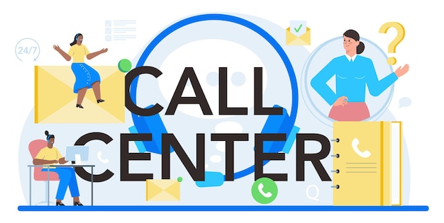 Call center typographic header idea of customer service or technical support clients support providing them with valuable information vector flat illustration