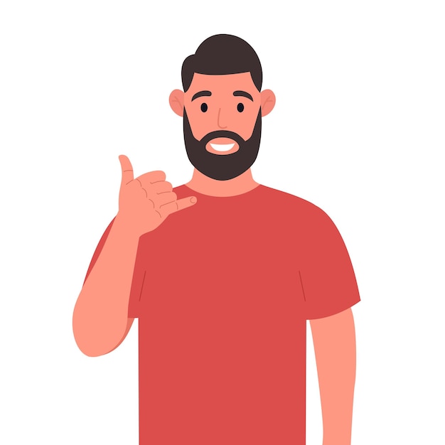 Vector call me bearded man showing phone or call me gesture with hand fingers shaped like telephone vector illustration