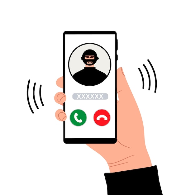 A call on the phone in the hand of a fraud person a telephone fraudster deceives and steals money and cards through smartphone calls thief hacker and criminal are calling vector illustration
