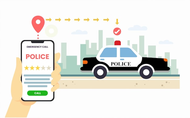 Call police via mobile phone with landscape background. Police services concept