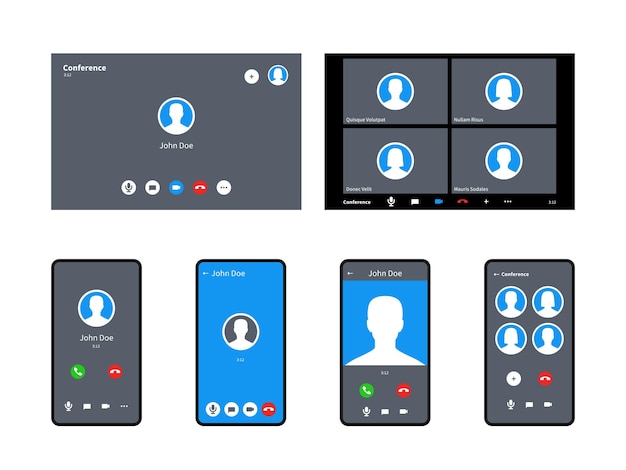 Call screen template. Incoming video calls accept and decline button anonymous avatar mobile, tablet computers or laptop interface display, calling chat conference computer vector realistic mockup set