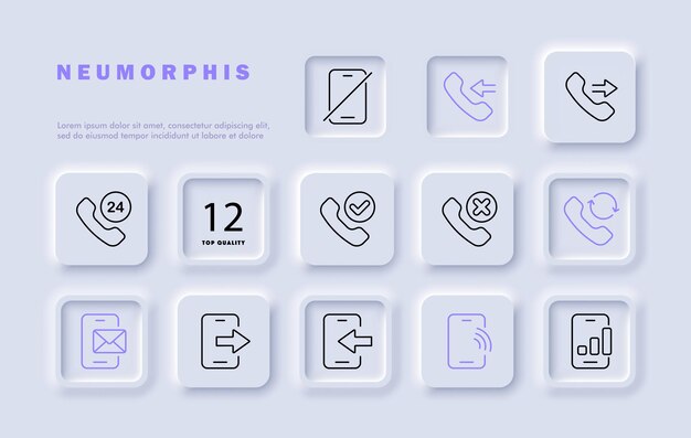 Call set line icon Smartphone handset check mark cross mail SMS Neomorphism style Vector line icon for business and advertising