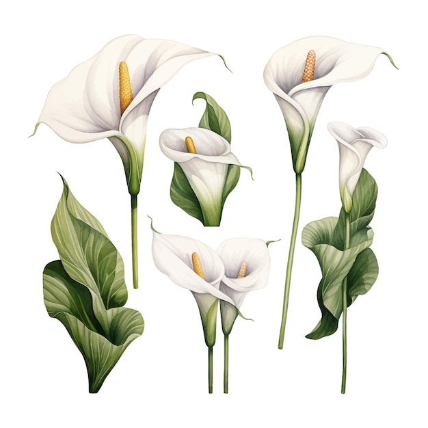 Vector calla lily aquarel bloemen set clipart witte achtergrond